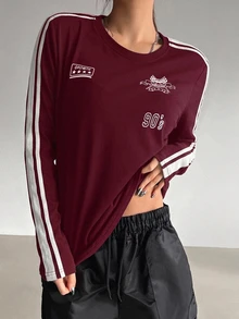 DAZY Women's Colorblock Digital Print Casual Everyday Long Sleeve T-Shirt Fall - Burgundy - View 4