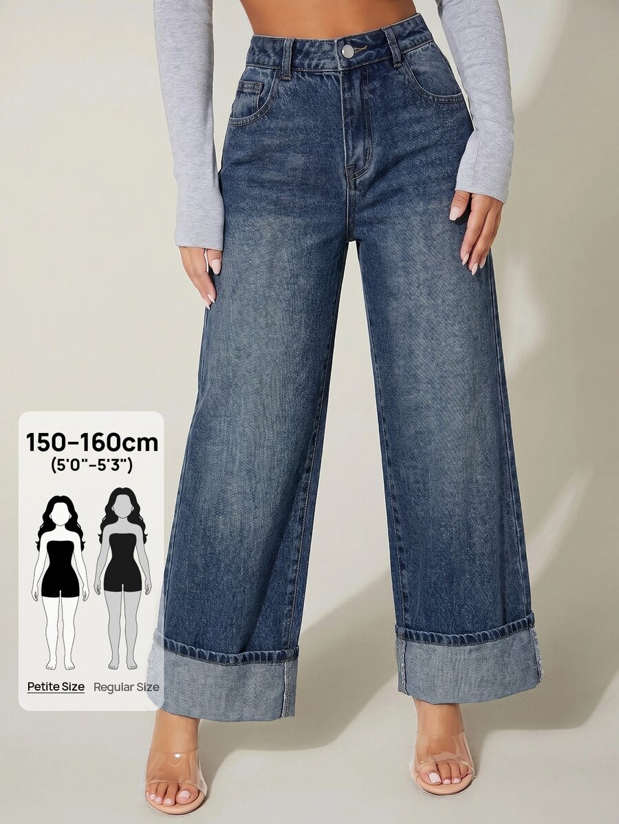 SHEIN PETITE 女款時尚街頭鈕扣口袋牛仔長褲 - 深色水洗藍 - 查看 1