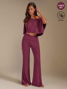 Athîral Women's Solid Color Asymmetric Collar Top & Pants Loungewear Set - Pink - View 3