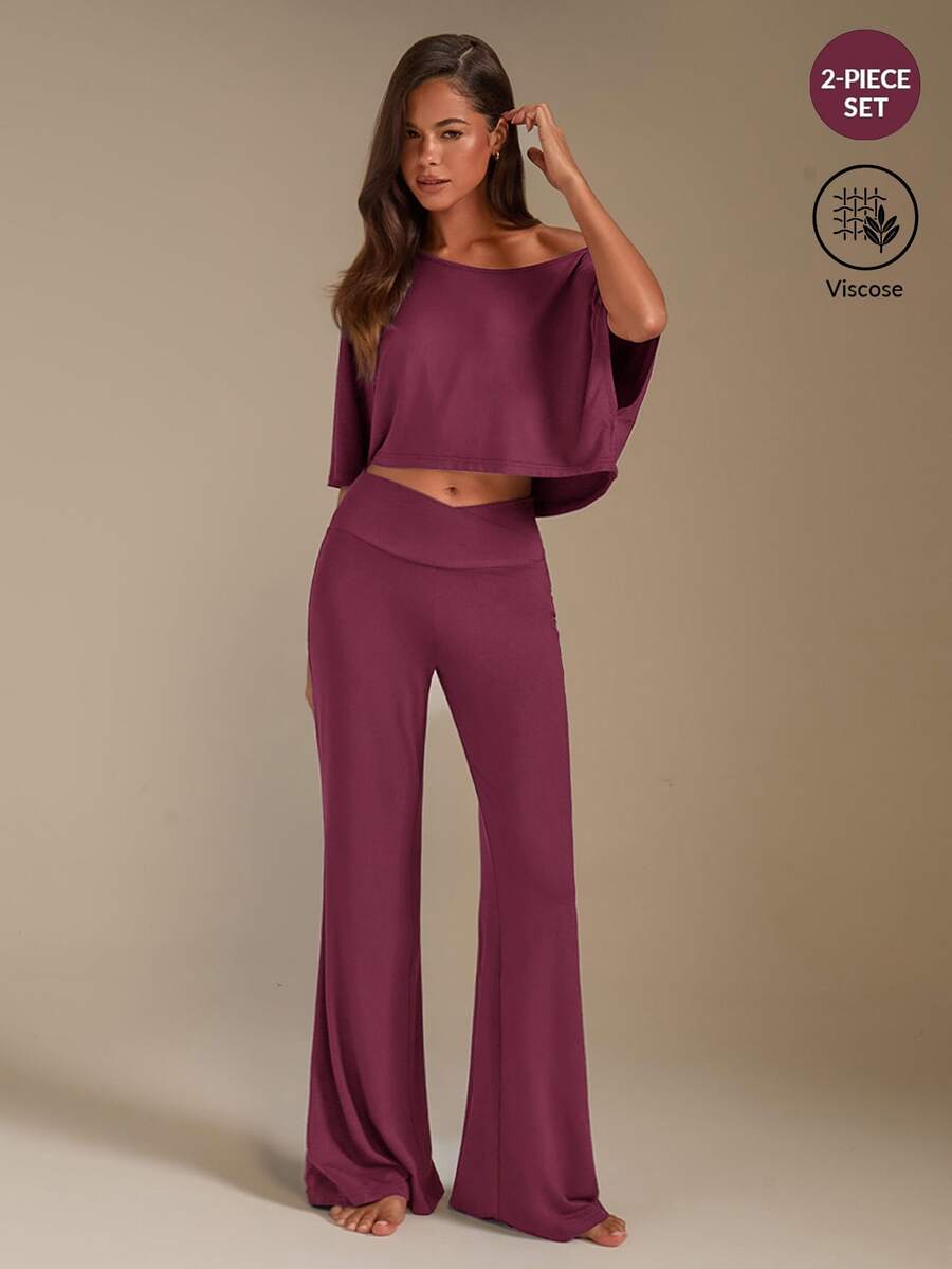 Athîral Women's Solid Color Asymmetric Collar Top & Pants Loungewear Set - Pink - View 1