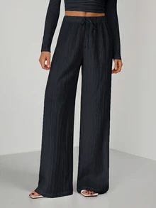 SHEIN Tall Loose Drawstring Waist Trousers In Textured Crinkle Fabric - Dark Grey - View 3