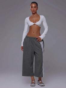 Musera Sport 4 Stripe Elasticated Waist Wide Leg Sweat Jogger Capri Pants Jorts Coord Bottoms - Dark Grey - View 1