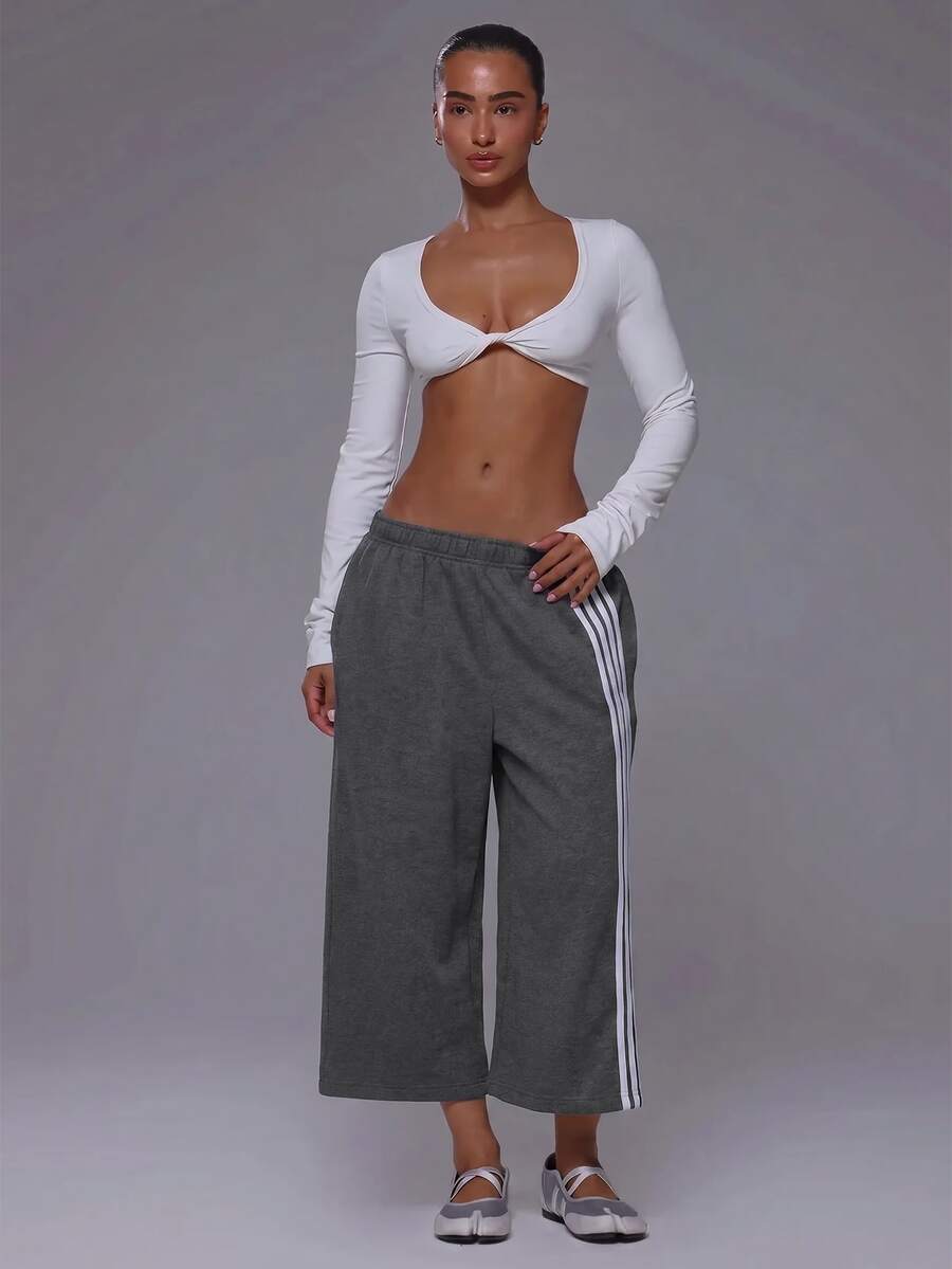 Musera Sport 4 Stripe Elasticated Waist Wide Leg Sweat Jogger Capri Pants Jorts Coord Bottoms - Dark Grey - View 1