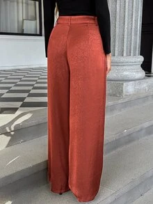 Pariaura European And American Style Spring/Summer New Fashion Versatile Solid Color Satin Jacquard Straight Leg Elegant Commute Regular Long Pants - Coral Orange - View 2