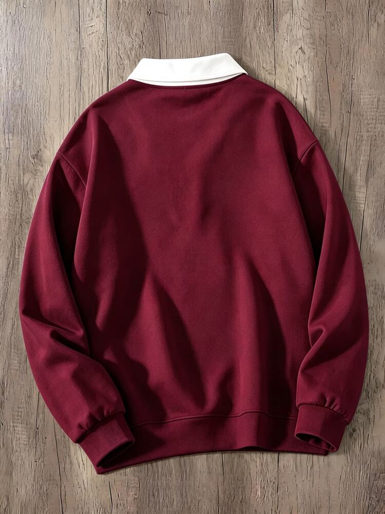 Manfinity Joysei Men's Button Collar Pullover Sweatshirt - Burgundy - View 2