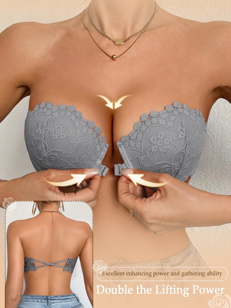 DesireSculpt Strapless Anti-Slip Half Cup Front Closure Bra, Push-Up With Underwire For Small Bust, 1pc, Multi-Way Wear, Free Invisible Shoulder Straps - Grey - View 1