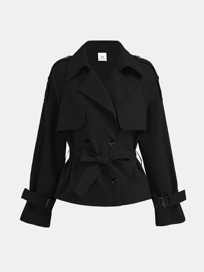 SHEIN Girlism Teen Girl Teen Girl Autumn Loose Casual Minimalist Comfortable Cinched Waist Elegant Cropped Fashion Black Elegant Autumn/Winter Trench Coat, Suitable For Daily Elegant Commute Wear