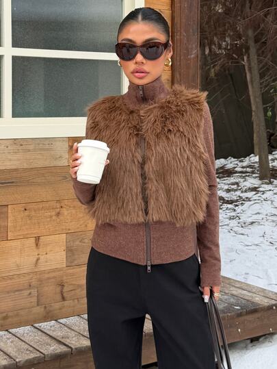 Muchica Women's Brown Faux Fur Panel Zip Up Jacket, Cozy High Neck Long Sleeve Knit Outerwear Elegant Casual Fall Winter Layering Coat For Streetwear