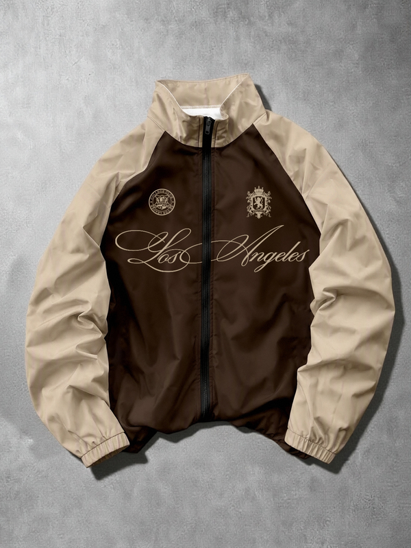 Manfinity EMRG Men's Letter Pattern Contrast Color Long Sleeve Zip-Up Casual Jacket