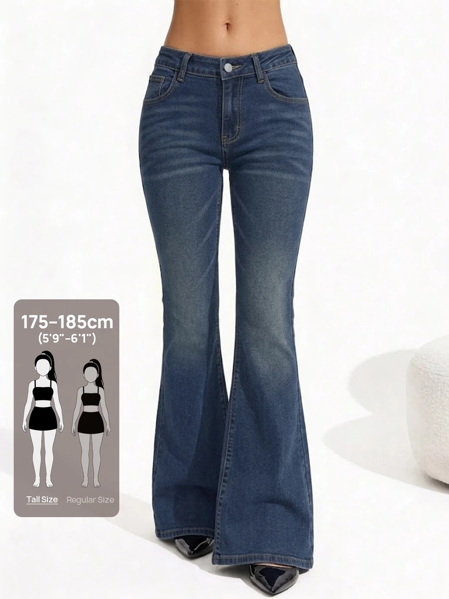SHEIN Tall 女款休閒日常穿著鈕扣口袋喇叭牛仔褲