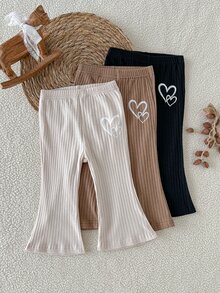 SHEIN 3件組女嬰0-3歲棕色米色黑色愛心印花羅紋針織喇叭褲，柔軟高彈性秋季校園風，百搭日常穿著 - 彩色 - 查看 8
