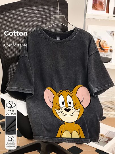 TOM & JERRY X SHEIN SHEIN EZwear Plus Size Casual Minimalist Cartoon Print Drop Shoulder T-Shirt