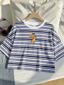 TOM & JERRY X SHEIN SHEIN EZwear 大尺碼休閒條紋卡通印花圓領短袖短版T恤，適合夏季外出 - 彩色 - 查看 6