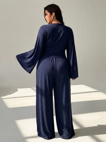 Auralis Blue Two-Piece Set Featuring A Round-Neck, Batwing-Sleeve Top With A Gathered Waist And Loose-Fitting Trousers With An Elastic Waistband-A Comfortable - Navy Blue - View 4