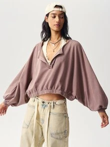 Bohemela Women's Solid Color Notched V-Neck Batwing Long Sleeve Loose Casual Sweatshirt - Khaki - View 6
