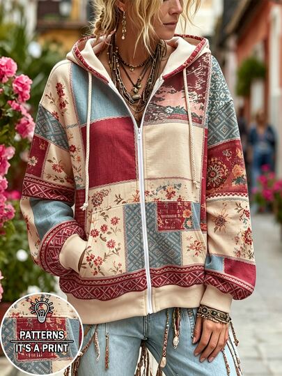 Selamara Bohemian Faux Patchwork Geometric Pattern Colorblock Ditsy Floral Long Sleeve Sweatshirt, Women's Loose Fit Pullover Hooded Sweatshirt, Autumn/Winter Outdoor Vacation Casual Travel Sweatshirt