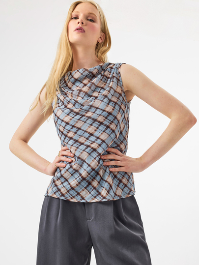 KÆRIA Hus Draped Cowl-Neck Top - Airy Georgette - Blue Plaid Print - Regular Fit, Asymmetric Hem, Check Top, Elegant, Cute, School, 10s, Print