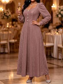 Fleurora Plus Size Women Solid Color Elegant Waist-Cinched Party Dress Fall - Gold - View 1