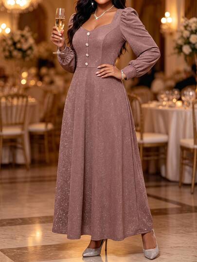 Fleurora Plus Size Women Solid Color Elegant Waist-Cinched Party Dress Fall