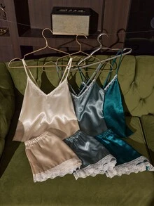 SilkySpell 6pcs Solid Color Satin Lace Patchwork Camisole Sleepwear Set - Multicolor - View 5