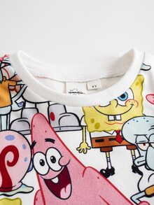 SpongeBob SquarePants | SHEIN Young Girl Cartoon Print Short Sleeve Top And Long Pants Casual Daily Home Pajama Set - Multicolor - View 3