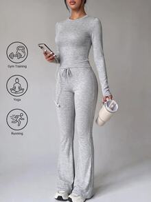 SHEIN Unity Set Pakaian Olahraga Kasual Wanita, Kaos Leher Bulat Warna Polos dan Celana Panjang Potongan Lurus Ramping - Grey - View 1