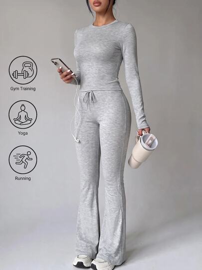 SHEIN Unity Conjunto deportivo casual para mujer, camiseta de cuello redondo de unicolor y pantalones de pierna recta ajustada