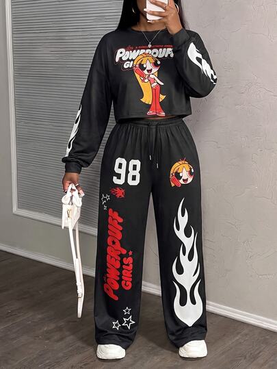 Slaydiva THE POWERPUFF GIRLS X SHEIN Plus Size Cartoon Print Top And Pants 2 Pieces Set, Suitable For Outings And Streetwear