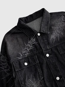 ROMWE MEN Men's Vintage Black Washed Denim Jacket, Gothic Centipede Embroidery Lapel Button-Up, Y2K Dark Punk Street Style Long Sleeve Denim Jacket, Loose Fit Washed Workwear Denim Top, Suitable For Autumn/Winter Daily Streetwear - Black - View 3