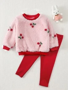 SHEIN 女嬰櫻桃圖案毛絨衛衣與長褲套裝 - 粉色 - 查看 4