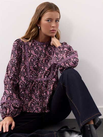 Nöista Women's Casual Vacation Shirt With Cashew Pattern And Lantern Sleeves