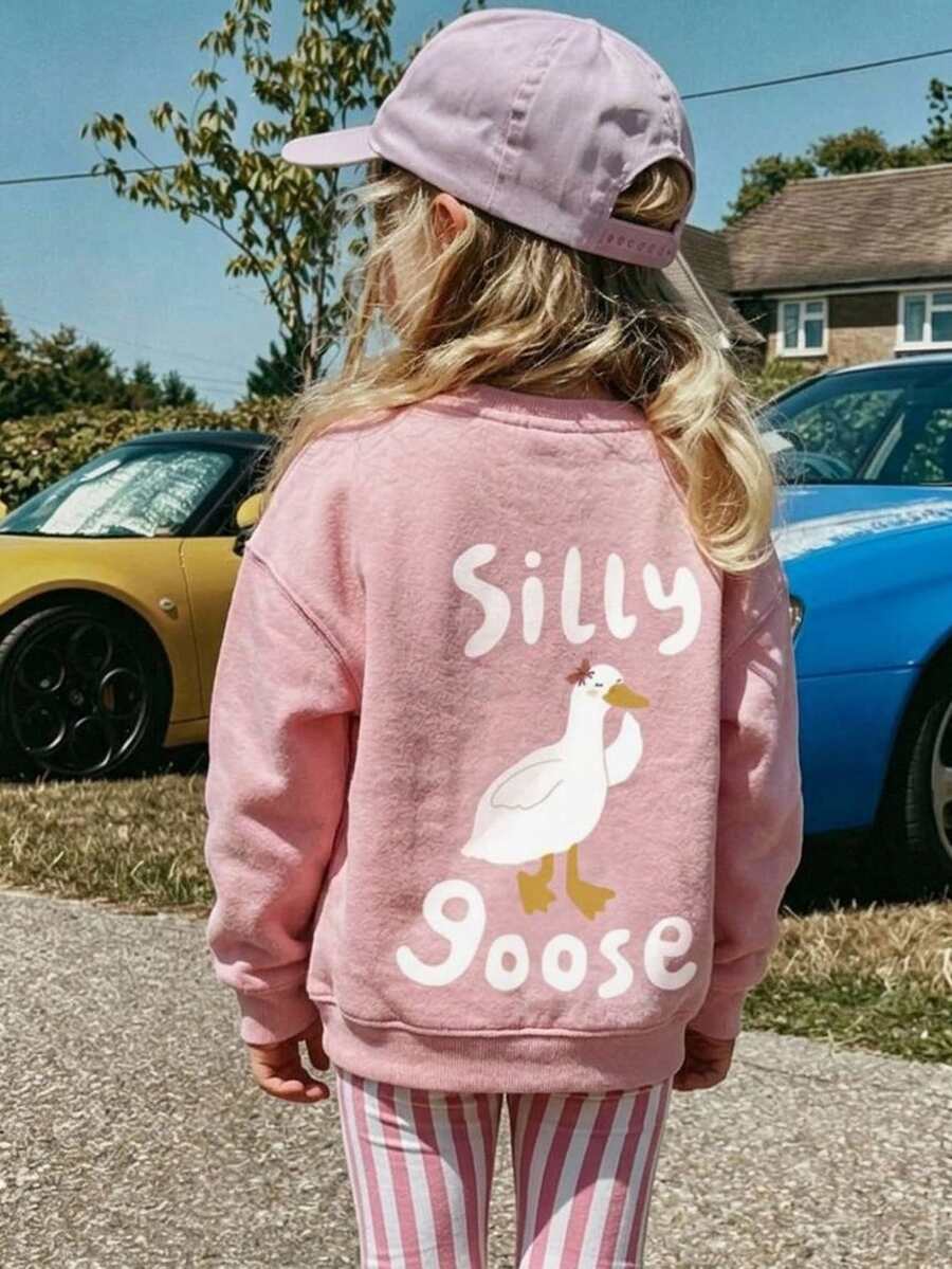 SHEIN Baby Girl Cartoon Letter Print Sweatshirt & Striped Long Pants Set - Pink - View 1