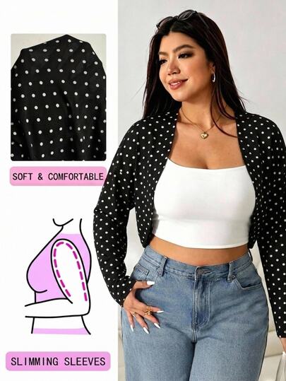 Solflare Casual Vintage Polka Dot Pattern Fabric Plus Size Women's Black Thin Jacket, Women's Black Long Sleeve Short Jacket