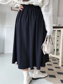 Dazy Plus Elastic Waist Pleated A-Line Fun Commute Versatile Long Skirt - Navy Blue - View 2
