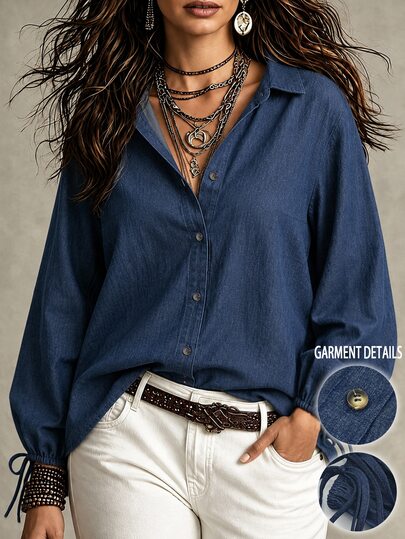 Weeklong Chemise grande taille pour femmes, polyvalente, décontractée, minimaliste, style vintage, bleu foncé unicolore, manches longues, col retourné, design à boutons, convient pour le port en automne