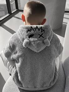 SHEIN 兒童青少年男孩休閒灰色毛絨連帽衛衣，惡魔臉圖案，適合秋冬返校季 - 灰色 - 查看 1