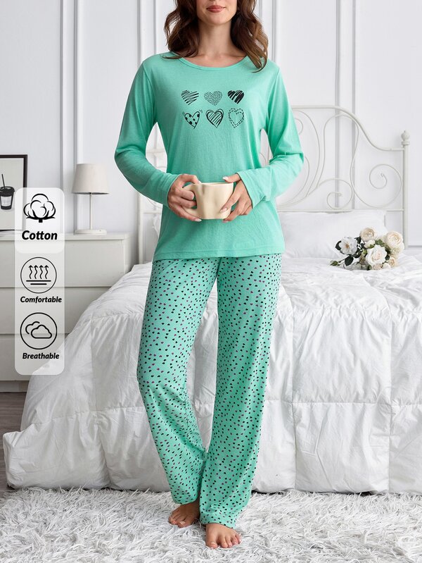 SHEIN Women Cotton 2 Pcs Heart Printed Round Neck Long Sleeved Sleep Tee + Long Sleep Pants Casual Pjm Set