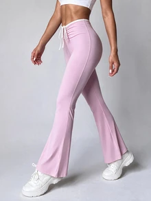 SHEIN Dewbera กางเกงกีฬาขากว้างสีตัดกันมีเชือกรูด - สีชมพู - ดู 3