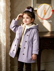 SHEIN Elladie kids 女童冬季外套，淺紫色，保暖內裡，連帽，雙排扣，時尚夾克，適合日常休閒可愛穿搭 - 紫色 - 查看 3