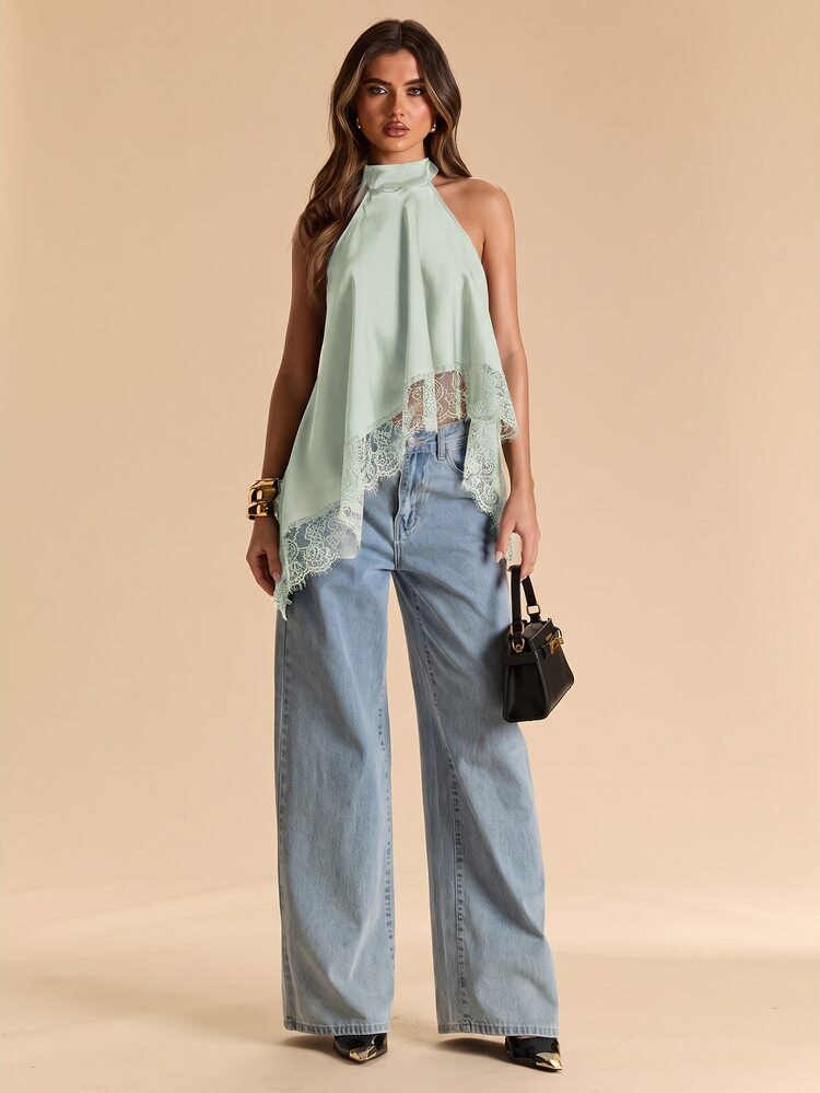 SHEIN BAE Spring/Summer Women's Clothing, Women's Spring/Summer Styles, Solid Black Sexy Minimalist Elegant Halter Neck Backless Lace Trim Patchwork Women's Tank Top, High-End Satin Faux Silk Women's Tank Top, Party Gathering Cocktail Top, Formal Occasion Gathering Top, Black Lace Satin Patchwork Women's Sexy Top, Cocktail Party, Business Casual Women's Clothing, Going Out Top - Mint Green - View 2