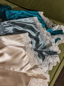 SilkySpell 6pcs Solid Color Satin Lace Patchwork Camisole Sleepwear Set - Multicolor - View 7