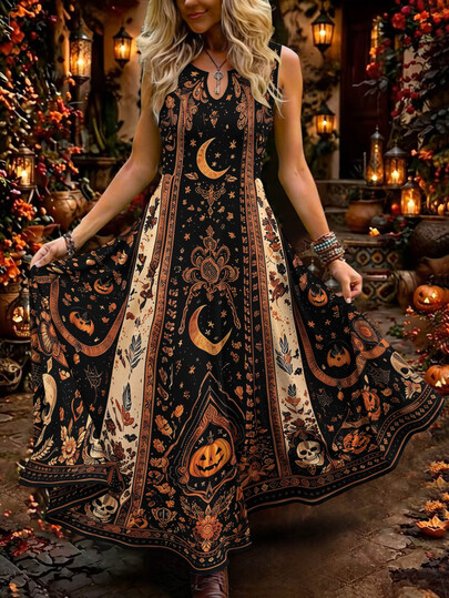Breezaya Plus Size Women's Halloween Star Moon Pumpkin Flower Print A-Line Tank Dress - Multi-Color Dress, V-Neck Design, Sleeveless Party Dress, Elegant Bohemian Style, Suitable For Weddings, Holidays, Vacations, Beach And Parties