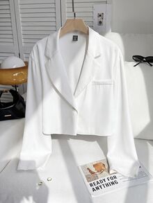 SHEIN EZwear Plus Size Casual Versatile White Cropped Thin Blazer Fall - White - View 5
