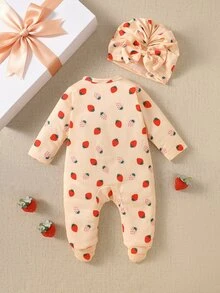 SHEIN 秋冬新生兒蝴蝶結印花可愛嬰兒連身衣 + 帽子 - 彩色 - 查看 2