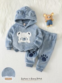 Cozy Pixies 2件組男嬰童休閒日常舒適刺繡秋冬連帽套頭長袖刷毛衛衣與運動長褲套裝 - 藍色 - 查看 9