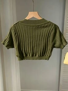 SHEIN EZwear 純色短袖短版針織開襟衫 - 軍綠色 - 查看 2
