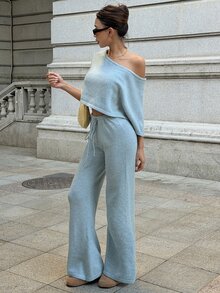 TRNVIE Women's Blue Casual Versatile Daily Home Commute Outfit Shawl Cape Fashion Versatile Sweater 2 Pieces Set - Blue - View 3