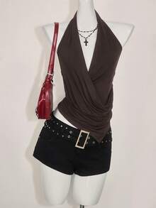 SHEIN ICON 女款素色百褶重疊V領休閒掛脖背心上衣 - 棕色 - 查看 3