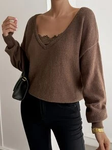 DAZY Women's Vintage Fashion Lace Patchwork Long Sleeve Sweater Fall - Brown - View 6
