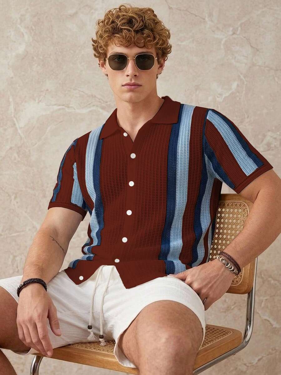 Manfinity Homme 歐美新博主風時尚設計休閒度假鏤空針織套頭上衣 男款 春夏藍色拼色針織上衣 沙灘度假風水溶性針織上衣 - 彩色 - 查看 1